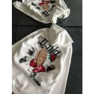 Kadın Oversize Kapüşonlu Cepli Baskılı 3 İplik Pamuklu Hoodie Sweatshirt - Beyaz