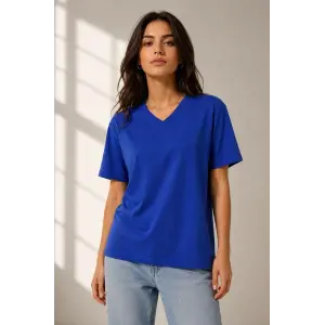 Kadın V Yaka Basic Tişört Kısa Kol Yazlık Regular Fit T-Shirt - Saks Mavisi