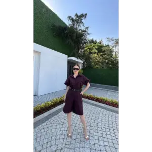 Kadın Yakalı Gömlek Kemerli Şortlu Alt-Üst Takım - Bordo