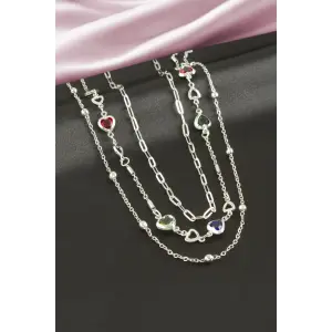 Kalp Kristal Taşlı Üçlü Kolye