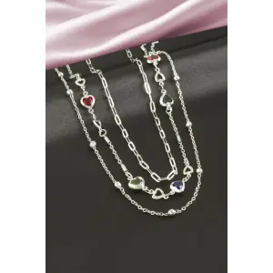 Kalp Kristal Taşlı Üçlü Kolye