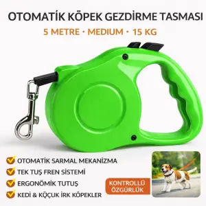 Karamel Otomatik  Köpek Gezdirme Tasması Medium 5 Metre 15 kg Yeşil
