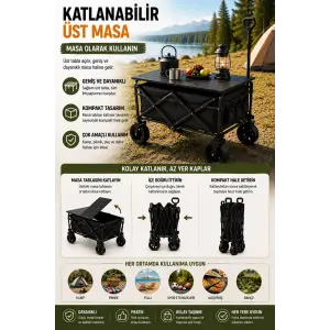 Katlanabilir Kamp Arabası Üst Tablalı 130 Kg Taşıma Kapasiteli Geniş Tekerlekli Çekçek