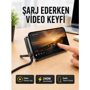 Katlanabilir Telefon Standlı 240W Type-C Hızlı Şarj Kablosu