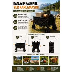 Katlanır Kamp Arabası 130 Kg Kapasiteli Üst Tablalı Kalın Tekerlekli Çok Amaçlı Taşıma Arabası