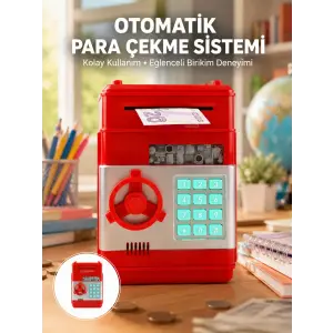 Kırmızı Şifreli ATM Kasa Para Yutan Kumbara
