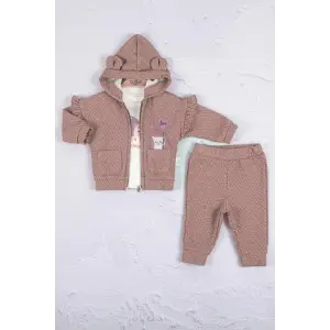 Kirpi Nakışlı % 100 Pamuk 3lü Kız Bebek Takım