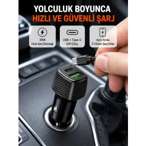 Kompakt Tasarımlı Type-C + USB Girişli Araç Şarj Başlığı