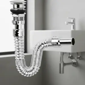 Krom Basmalı Sifon -Körüklü Sifon Bas Stoplu Lavabo Mutfak Sifonu-Paslanmaz