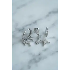 Kutup Yıldızı Model Gümüş Renk 3 lü Küpe Set
