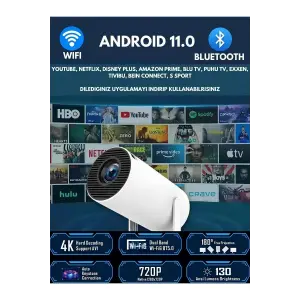 LED FULL HD projeksiyon cihazı 1920x1080 çözünürlük Bluetooth Android beyaz USB HDMI