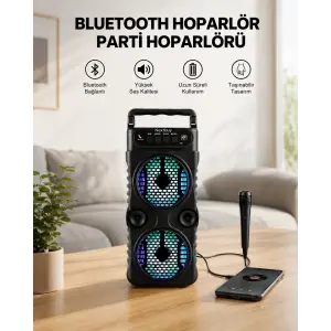 LED Işıklı Kablosuz Bluetooth Hoparlör Yüksek Ses Güçlü Bas Performansı Taşınabilir Şarjlı