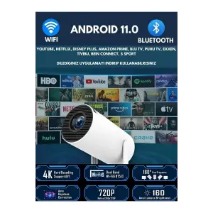 LED projeksiyon cihazı 4K çözünürlük 100000:1 kontrast Bluetooth Android 11 WiFi beyaz