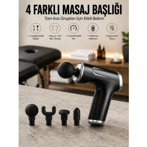 Masaj Tabancası 4 Başlıklı Kas ve Vücut Ağrıları İçin Şarjlı Darbeli
