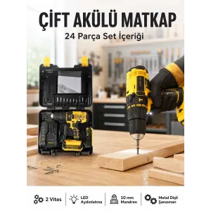 Matkap Seti 24 Parça Çift Bataryalı Darbeli Led Işıklı Vidalama Yeni Nesil