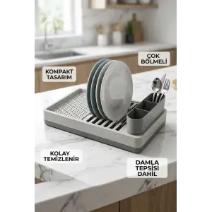 Minimal Gri Tezgah Üstü Bulaşıklık Tabak Bardak Kaşık Kurutmalık Mutfak Rafı