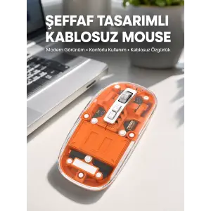 Mouse Fare Kablosuz Mouse Fare Şarjlı Bluetooth Sessiz 5 Tuşlu Şeffaf