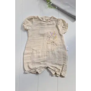 Müslin Kumaş Çiçek Nakışlı Pamuklu Kız Bebek Tulum