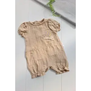 Müslin Kumaş Çiçek Nakışlı Pamuklu Kız Bebek Tulum