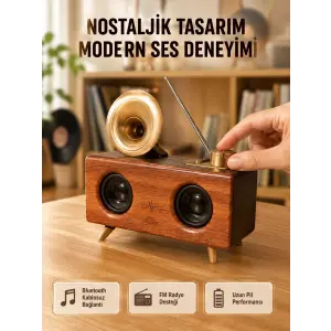 Nostaljik Gramofon Bluetooth Hoparlör – FM Radyo + USB + SD Kart Destekli