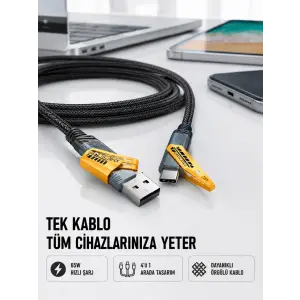 Örgülü Tasarım 4’ü 1 Arada USB-C Lightning Hızlı Şarj Kablosu