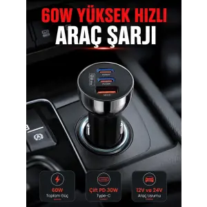 PD 30W Çift USB-C Araç Şarj Cihazı 60W Hızlı Şarj Adaptörü