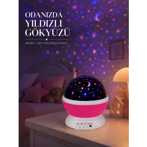 Pembe Döner Yıldız Projektörü USB ve Pilli Kullanımlı Gece Lambası