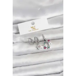 Pirinç Gümüş Renk Çiçek Model 3lü Kadın Küpe