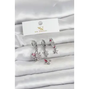 Pirinç Gümüş Renk Çiçek Model 3lü Kadın Küpe