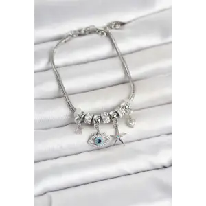 Pirinç Gümüş Renk Göz Model Charmlı Kadın Bileklik