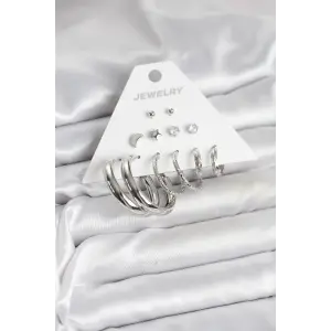 Pirinç Gümüş Renk Halka Modelli 6 Çift Kadın Küpe