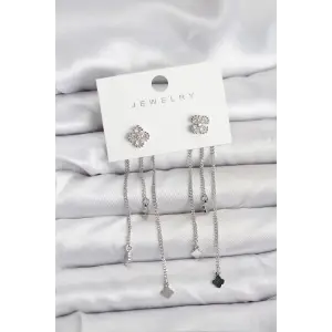 Pirinç Gümüş Renk Yonca Model Sallantılı Kadın Küpe