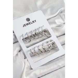 Pirinç Karışık Halka Model Gümüş Renk 6 Çift Kadın Küpe Set