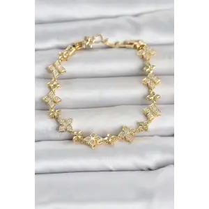 Pirinç Zirkon Taşlı Yonca Model Gold Renk Kadın Bileklik