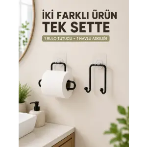 Pratik Yapışkanlı Rulo Kağıtlık ve Havlu Bez Askılığı 2 Parça Düzenleyici Set