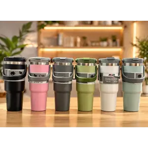 Renkli 700 ml Taşıma Kulplu Paslanmaz Çelik Termos Mug Bardak