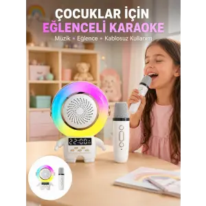 Renkli Işıklı Astronot Mini Bluetooth Speaker ve Karaoke Mikrofon