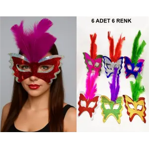 Renkli Parti Maskesi 6'lı | Tüylü Karton Maske Seti (lastikli) Bx40