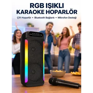RGB Işıklı Çift Hoparlörlü Taşınabilir Bluetooth Speaker ve Mikrofon Yeni Nesil
