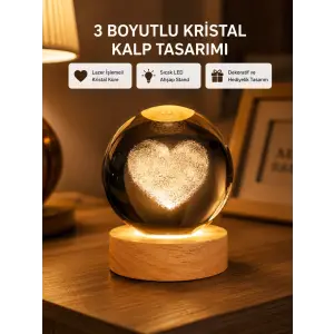 Romantik Kalpli Kristal Cam Küre USB’li Işıklı Dekoratif Obje