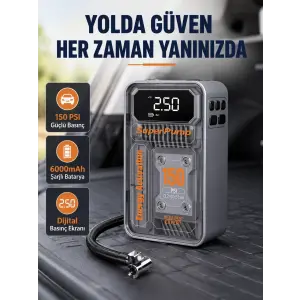 Şarjlı Kablosuz Hava Pompası – 150 PSI Basınç, LED Ekran ve 6000mAh Batarya