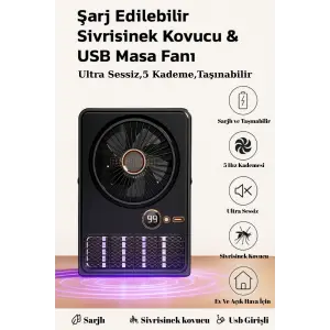 Şarjlı ve Taşınabilir Masaüstü Vantilatör, 5 Kademeli Hız ve Sinek Kovucu Özelliğe Sahiptir