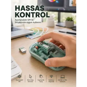 Şeffaf Tasarımlı Bluetooth Kablosuz Mouse Pilli Kullanım Yeni Nesil