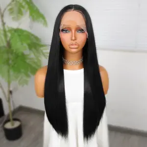 Siyah Fiber Sen Düz Tül Peruk