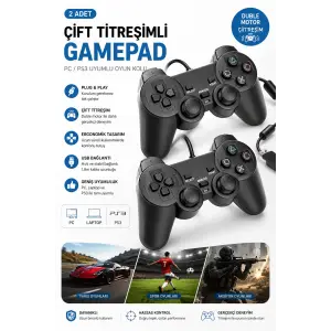 Siyah kablolu çift motorlu titreşimli joystick PC uyumlu USB bağlantılı 1 yıl garantili