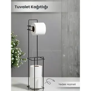 Siyah Standlı Yedek Hazneli Tuvalet Kağıtlığı