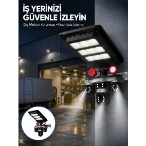 Solar Panelli 3 Lens Dış Mekan Güvenlik Kamerası Hareket Algılamalı LED Aydınlatmalı