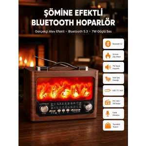 Solar Şarjlı Şömine Işıklı Bluetooth Hoparlör – Radyo, USB, TF Kart Destekli