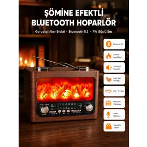Solar Şarjlı Şömine Işıklı Bluetooth Hoparlör – Radyo, USB, TF Kart Destekli