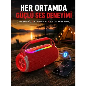Suya Dayanıklı 20W RGB Hoparlör Bluetooth, USB, SD Kart ve AUX Girişli